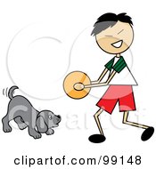 Poster, Art Print Of Asian Stick Boy Playing Ball With A Dog