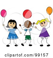 Royalty Free RF Clipart Illustration Of A Black Stick Boy And Two White Stick Girls Playing With Balloons
