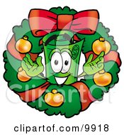 Rolled Money Mascot Cartoon Character In The Center Of A Christmas Wreath