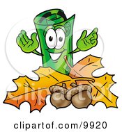 Rolled Money Mascot Cartoon Character With Autumn Leaves And Acorns In The Fall