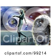 Royalty-Free (RF) Clipart Illustration of a 3d Mans Face With A Woman Walking Near Earth Against The Galaxy by MacX #COLLC99214-0098