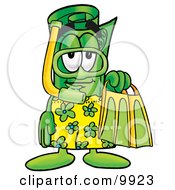 Rolled Money Mascot Cartoon Character In Green And Yellow Snorkel Gear