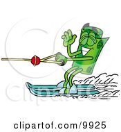 Rolled Money Mascot Cartoon Character Waving While Water Skiing