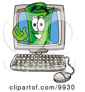 Rolled Money Mascot Cartoon Character Waving From Inside A Computer Screen