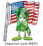 Rolled Money Mascot Cartoon Character Pledging Allegiance To An American Flag