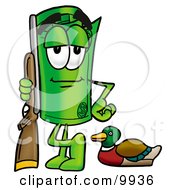 Rolled Money Mascot Cartoon Character Duck Hunting Standing With A Rifle And Duck