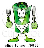 Rolled Money Mascot Cartoon Character Holding A Knife And Fork