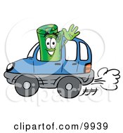 Rolled Money Mascot Cartoon Character Driving A Blue Car And Waving