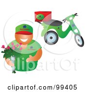 Poster, Art Print Of Friendly Floral Delivery Guy Holding A Bouquet His Scooter In The Background