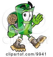 Rolled Money Mascot Cartoon Character Hiking And Carrying A Backpack