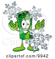 Rolled Money Mascot Cartoon Character With Three Snowflakes In Winter