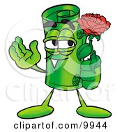 Rolled Money Mascot Cartoon Character Holding A Red Rose On Valentines Day by Mascot Junction