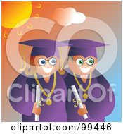 Royalty Free RF Clipart Illustration Of Two Graduates In Purple Caps And Gowns Under The Sun