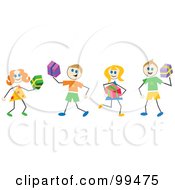 Royalty Free RF Clipart Illustration Of Stick Children Holding Presents