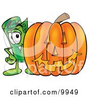 Rolled Money Mascot Cartoon Character With A Carved Halloween Pumpkin