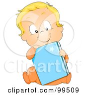 Royalty Free RF Clipart Illustration Of A Baby Boy Sitting With A Blue Book