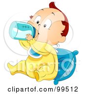 Poster, Art Print Of Baby Boy Sitting Against A Pillow And Drinking Milk From A Bottle