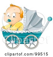 Poster, Art Print Of Baby Boy Sitting In A Blue Pram