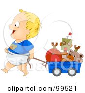 Poster, Art Print Of Baby Boy Pulling His Toys In A Wagon