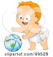 Royalty Free RF Clipart Illustration Of A Baby Boy In A Diaper Reaching For A Ball