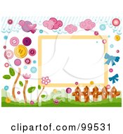 Poster, Art Print Of Frame Of Birds Clouds Buttons A Fence And Flowers