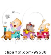 Poster, Art Print Of Baby Boy Riding A Train With Stuffed Animals