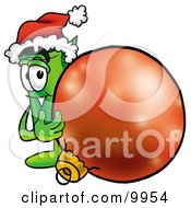 Clipart Picture Of A Rolled Money Mascot Cartoon Character Wearing A Santa Hat Standing With A Christmas Bauble by Toons4Biz