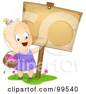 Cute Baby Girl Carrying A Basket Of Flowers By A Blank Sign