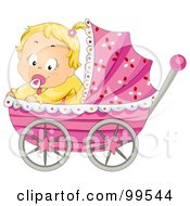 Baby Girl Sitting In A Pink Pram