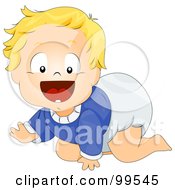 Poster, Art Print Of Baby Boy In A Blue Shirt And Diaper Crawling