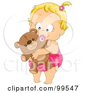 Cute Baby Girl Sucking On A Pacifier And Hugging Her Teddy Bear