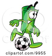 Rolled Money Mascot Cartoon Character Kicking A Soccer Ball