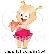 Poster, Art Print Of Cute Baby Girl In A Bathing Suit Holding A Starfish
