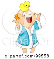 Poster, Art Print Of Baby Boy In A Robe Balancing A Duck On His Head