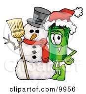 Poster, Art Print Of Rolled Money Mascot Cartoon Character With A Snowman On Christmas