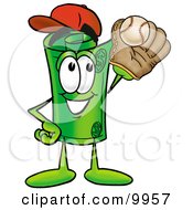 Rolled Money Mascot Cartoon Character Catching A Baseball With A Glove