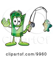 Rolled Money Mascot Cartoon Character Holding A Fish On A Fishing Pole