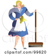 Poster, Art Print Of Happy Housewife Or Maid Using A Push Broom