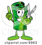 Clipart Picture Of A Rolled Money Mascot Cartoon Character Holding A Pair Of Scissors by Toons4Biz