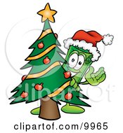 Rolled Money Mascot Cartoon Character Waving And Standing By A Decorated Christmas Tree