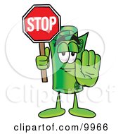 Rolled Money Mascot Cartoon Character Holding A Stop Sign