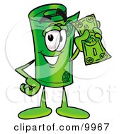 Rolled Money Mascot Cartoon Character Holding A Dollar Bill