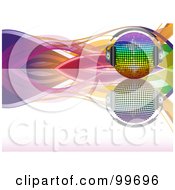 Rainbow Disco Ball With Headphones On A Reflective Surface With Colorful Waves Over White