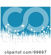 Background Of White Silhouetted Grasses And Flowers Over Blue