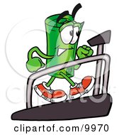 Rolled Money Mascot Cartoon Character Walking On A Treadmill In A Fitness Gym