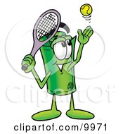 Rolled Money Mascot Cartoon Character Preparing To Hit A Tennis Ball