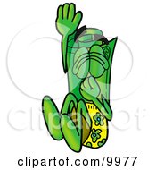Rolled Money Mascot Cartoon Character Plugging His Nose While Jumping Into Water by Mascot Junction