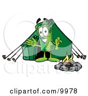 Rolled Money Mascot Cartoon Character Camping With A Tent And Fire