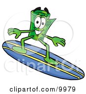Poster, Art Print Of Rolled Money Mascot Cartoon Character Surfing On A Blue And Yellow Surfboard