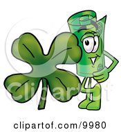 Rolled Money Mascot Cartoon Character With A Green Four Leaf Clover On St Paddys Or St Patricks Day by Mascot Junction